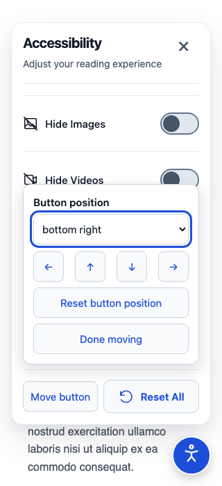 Real widget movement menu showing four corners, arrow controls, Reset button position and Done moving